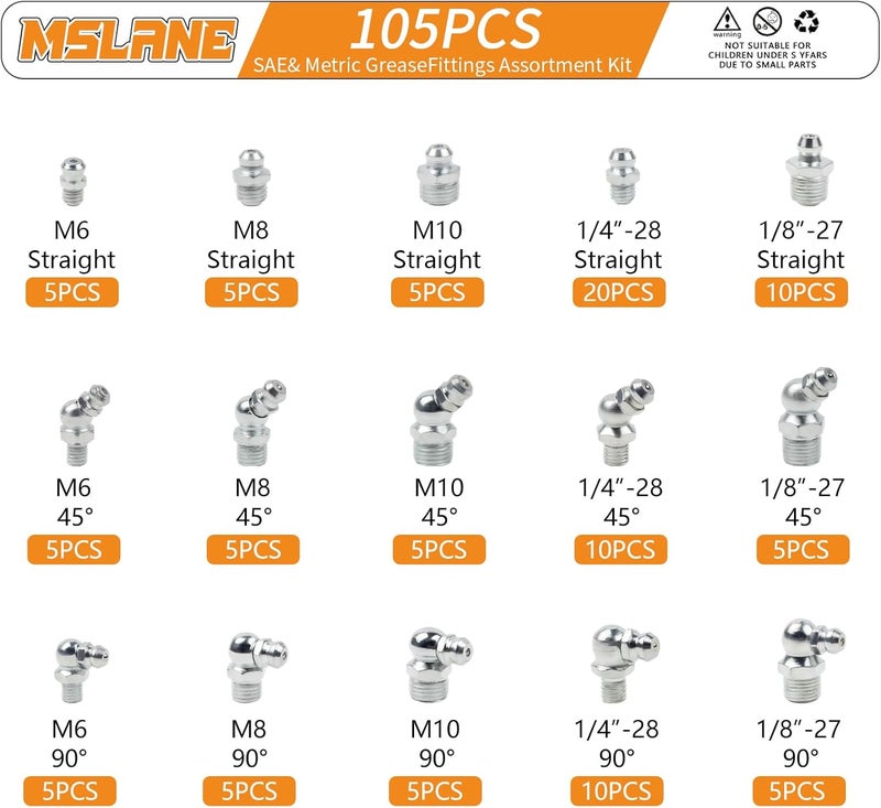 MSLANE مجموعة تركيبات الشحم 105 قطعة، تركيبات زيرك SAE وميتركية، مجموعات تركيبات الشحم 1/4" 1/8" M6 M8 M10 مستقيم 45 90 درجة زيرك - Image 2